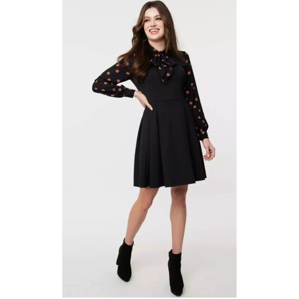 Pumpkin Print Halloween Dress Womens 4XL Black Contrast Long Sleeves Tie Neck - Picture 14 of 14